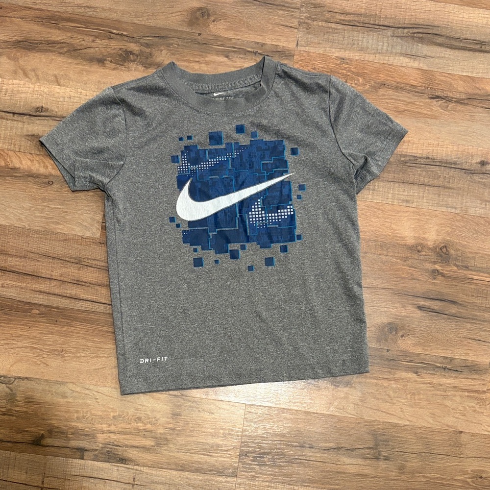 Nike Gray Short Sleeve Tee with Blue Pixel Swoosh